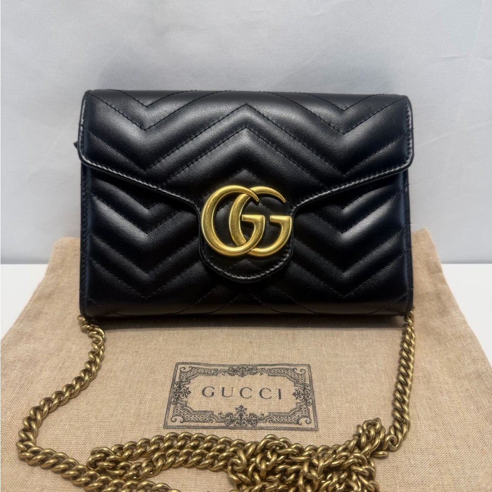 Gucci Black Chevron Crossbody Bag with Gold Accents